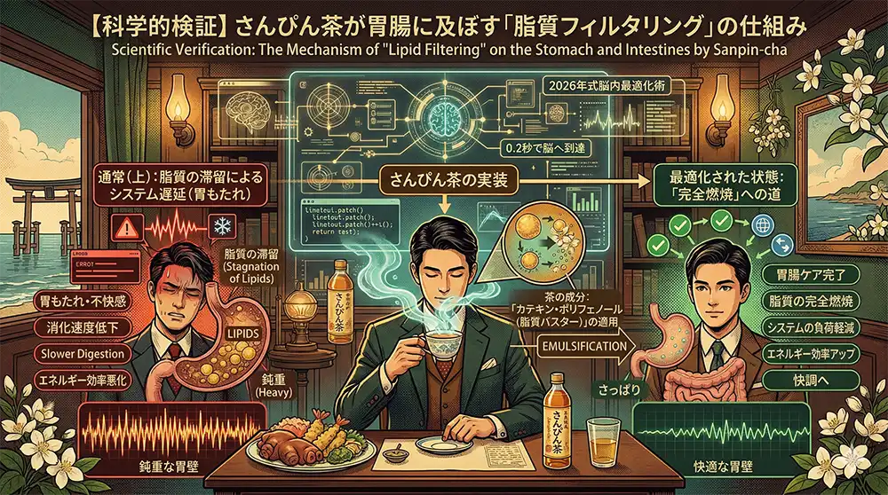 さんぴん茶が胃腸に及ぶ須脂質フィルタリングの仕組みを解説したイラスト