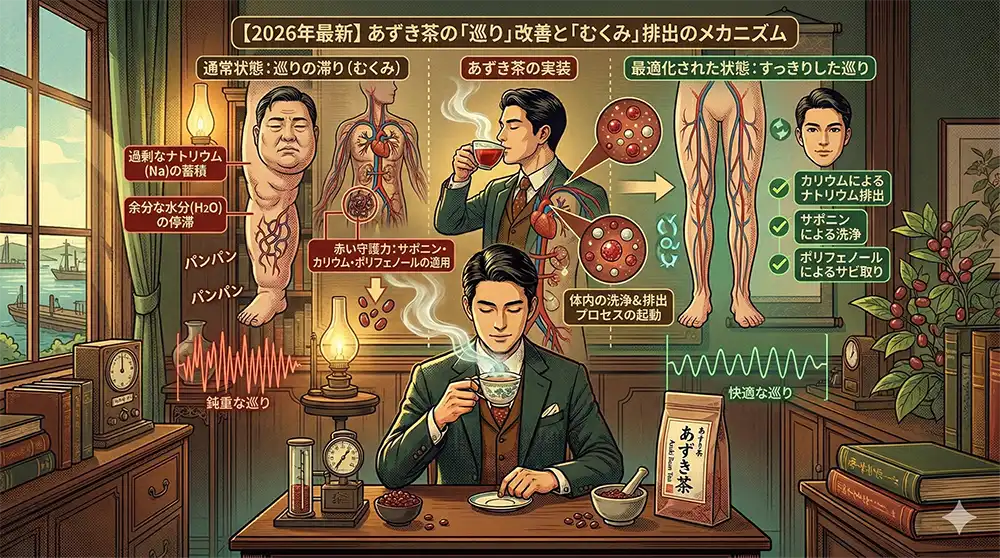 あずき茶の巡り改善とむくみ排出のメカニズムの解説イラスト