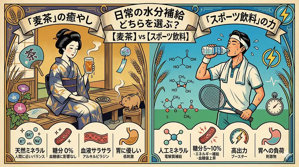 『麦茶 vs スポーツ飲料』の比較