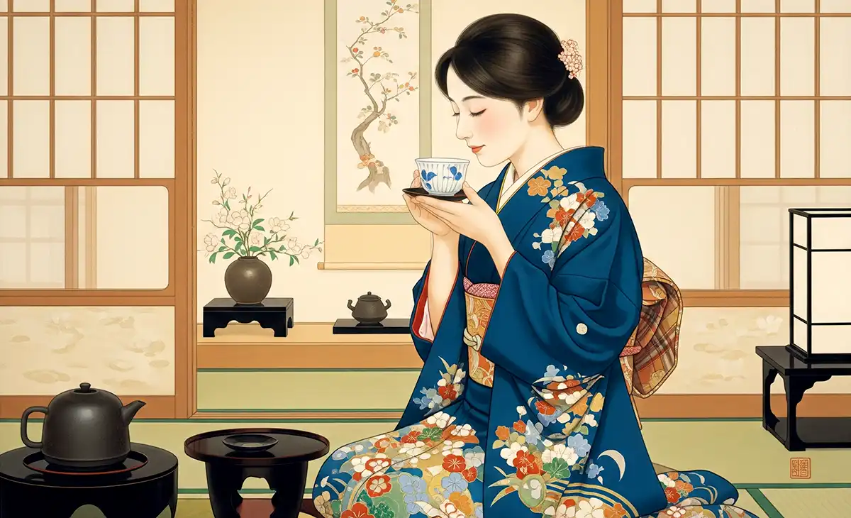 和室で、お茶の香りを確かめている品の良い女性