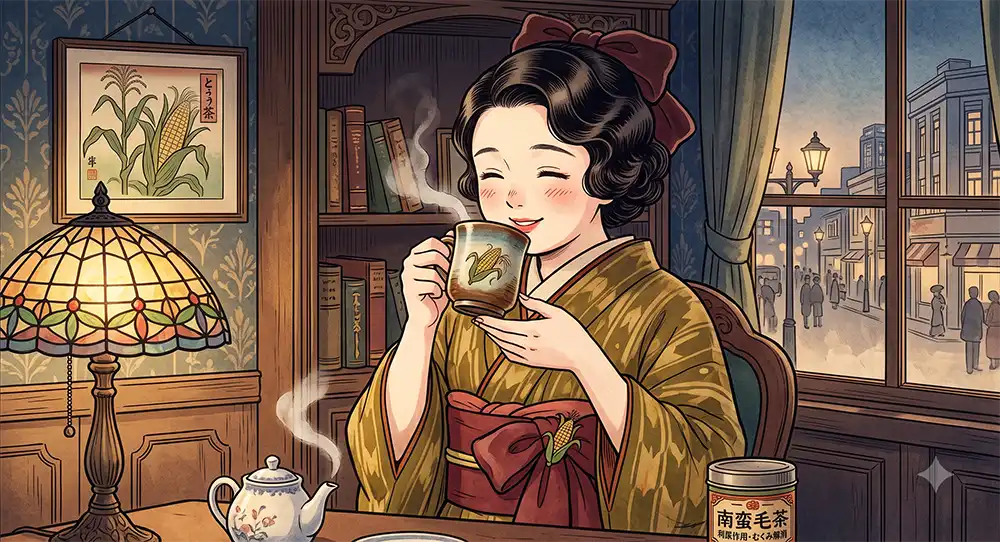 ちょぅとむくんだ顔つきのうら若き女性がとうもろこしのヒゲ茶を美味しそうに飲んでいる場面