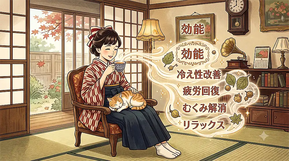 女性が猫をヒザに抱きながらマタタビ茶を飲んでいる場面